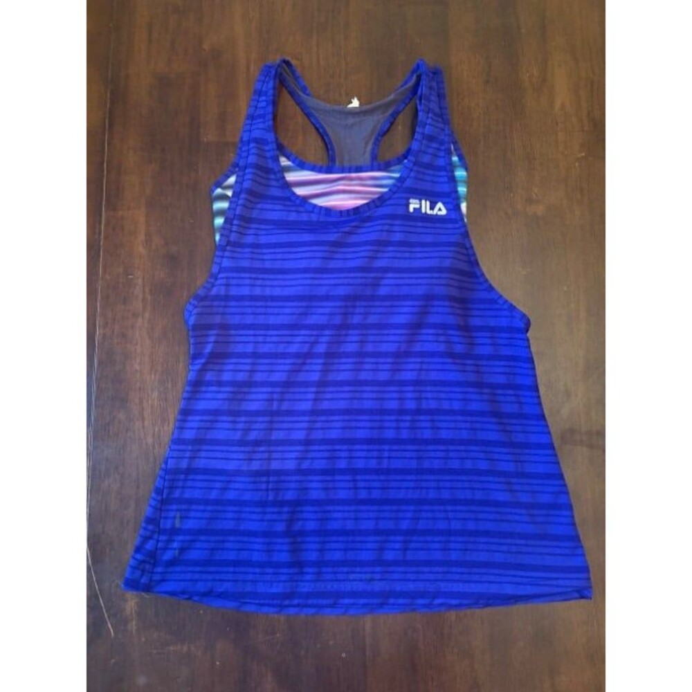 Fila blue tank top racer back built-in bra multicolored striped stretchy